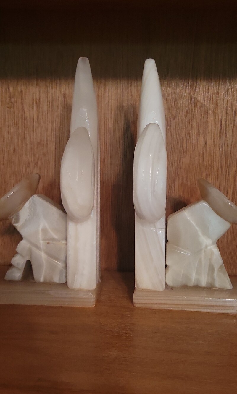8" Vintage Pair White Hand Carved Marble Onyx Mexican Siesta Cactus Bookends